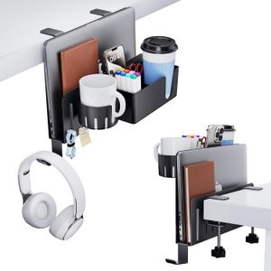 KDD 7 in 1 Desk Side Organizer Set, Under Desk Laptop Holder Storage, No Drill Laptop Stand Mount with 2 Cup Holder, Pen Holder, Headphone Hanger and 2 Pin Magnet, Detachable Hanging Stand (Fit for 13.8" Devices)