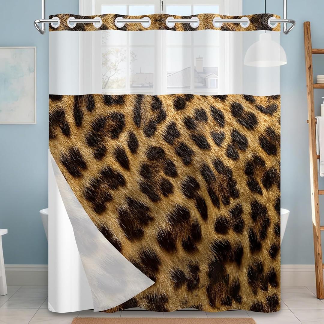 No Hook Shower Curtain with Snap in Liner, Modern Fashion Leopard Print with Mesh Top Window, Waterproof Double Layer Glam Bathroom Decor, 71 x 74 Inch