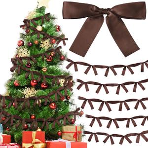 2 Pcs Christmas Bow Garland Banner 16.4 ft Pre-Assembled Brown Satin Bows Ornaments Xmas Bows Hanging Decor for Room Fireplace Bachelorette Party Birthday Baby Shower Supplies