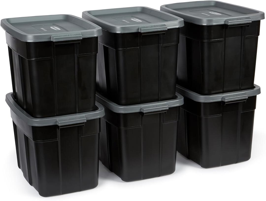 Rubbermaid 18 GAL 6 Pack Garage Storage Bins with Stackable Lid, Heavy Duty - Made in USA - Extreme Temperature Resistant, Durable Plastic Containers with Handles - Solid Black and Grey