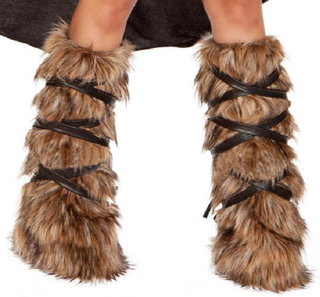 GREUS Halloween Viking Warrior Costume Set Brown Faux Fur Arm & Leg Warmers Fluffy Long Boot Cuffs Covers Arm Wrap for Women