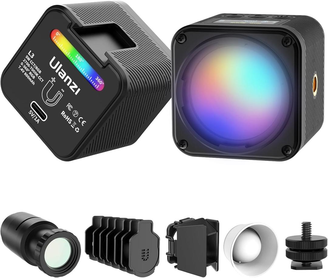ULANZI L3 RGB LED Video Light, Magnetic Camera Lighting Kit 2700K-7000K Mini Cube COB Light Dimmable Photography Fill Light with Barndoor, Fresnel Lens Cold Shoe for Smartphone,Action,DSLR Camera