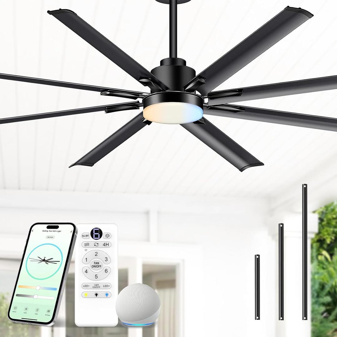 72" Aluminum Outdoor Ceiling Fan with Light, Industrial-Grade 8 Metal Blade | 9744 CFM, Quiet High CFM BLDC Motor, Dimmable LED with Memory, Smart Alexa Remote Control, Damp Rated for Patios/Garage/Porch