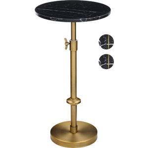 Adjustable-Height Marble Drink Table - 12x12x22-30, Black Marble & Antique Brass, Modern Round End Table, Side Table with Pedestal Stand for Small Spaces, Vintage Metal Martini Cocktail Accent (12-INCH WIDE TOP)
