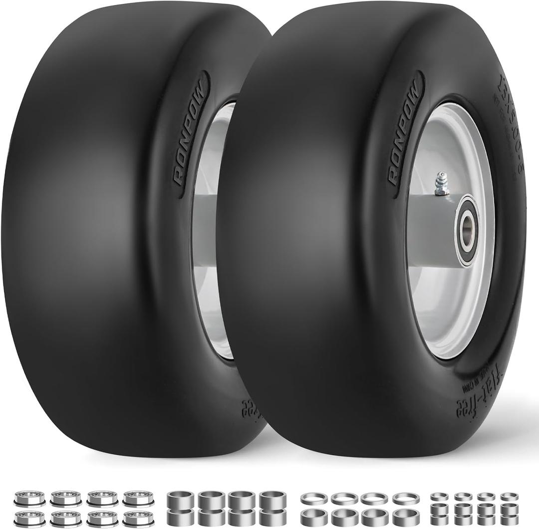 RONPOW 13x5.00-6 Flat Free Lawn Mower Tire and Wheel, 13x5x6 Solid Front Tires for Zero Turn Mower, 500Lbs Load, 3/4", 5/8" and 1/2" Bearings, 4.33"-6.73" Hub for Residential Commercial, 2Pack Gray