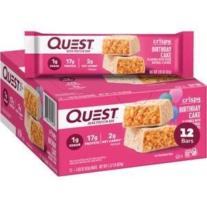 Quest Nutrition Crispy Birthday Cake Hero Protein Bar, 17g Protein, 1g Sugar, 2g Net Carbs, Gluten Free Protein Snack, Keto Friendly, 12 Count, Best Before 06/21/2026