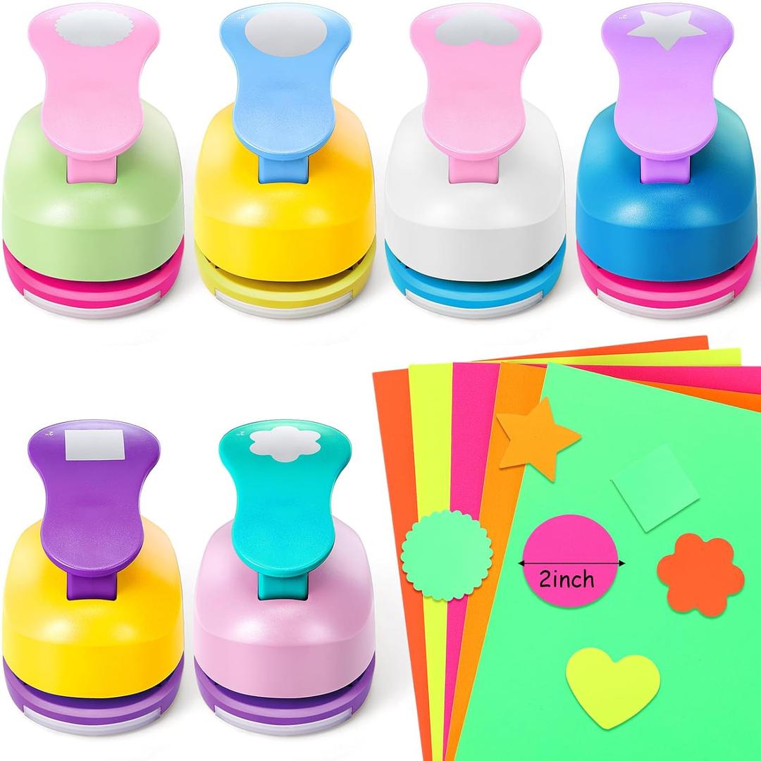 CHENGU 16 Pcs Craft Hole Punch, Paper Punchers for Scrapbooking with 6 Shapes,10 Sheets Cardstock Paper, Kids Supplies for DIY, Card Making, Gift Wrapping(Multiple Styles,2 Inch)