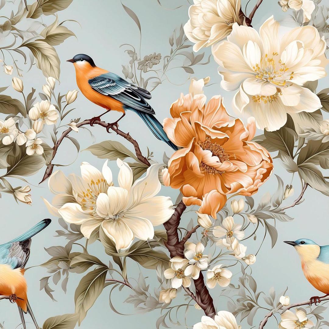 VEELIKE Vintage Bird Wallpaper Stick and Peel Floral Wallpaper Blue Floral Contact Paper for Cabinets Walls 17.7''x354'' Self Adhesive Removable Bird Wall Mural for Renters Bedroom Bathroom