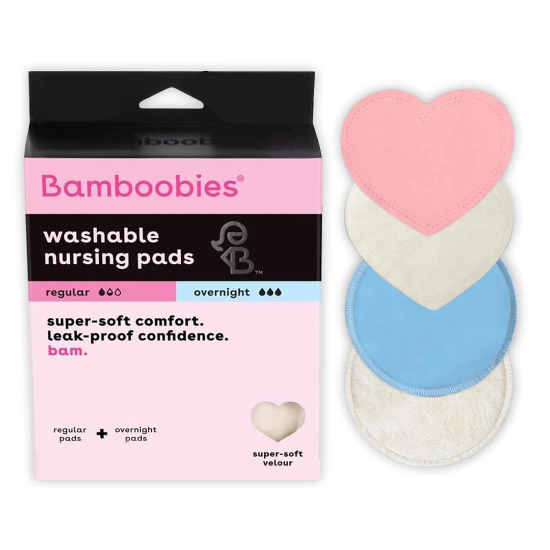 Bamboobies Nursing Pads, Ultra-Soft Velour, Reusable, Washable & Leak-Proof, 2 Ultra-Thin and 2 Overnight Pads for Breastfeeding