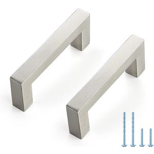 5 Pack Brushed Nickel Cabinet Pulls, 3.5 Inch Cabinet Door Handles with 3 Inch Hole Center, Square Kitchen Hardware for Doors, Drawers & Cupboards, Silver Stainless Steel (3" Hole Center, Brushed Nickel Square)