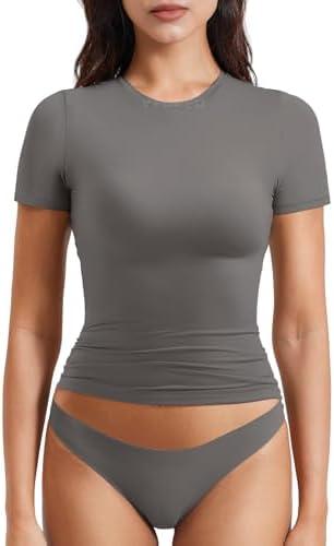 YEOREO Women Fitted Workout Tops Short Sleeve Double Lined Basic Y2K Going Out Crew Neck Compression Crop Top, Small