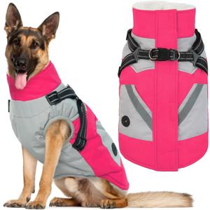 IECOii Dog Winter Coat with Harness Built in, Waterproof Windproof Dog Coats for Large Dogs, Thermal Fleece Lined Cold Weather Jackets with Zip, Outdoor Warm Snow Jacket Reflective, Rosered, XLarge