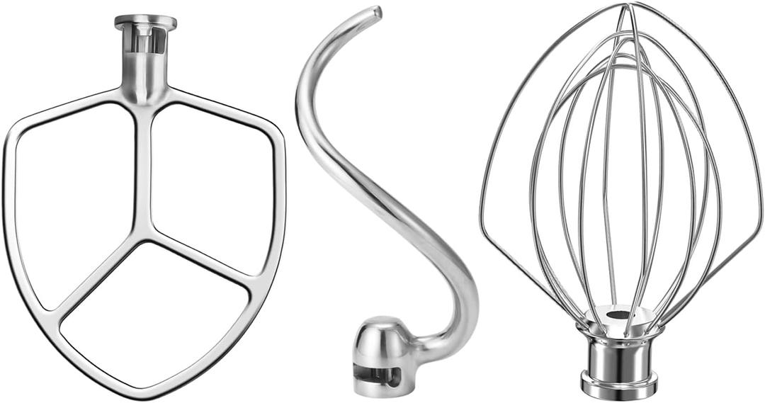 Stainless Steel Stand Mixer Attachments 3-Piece for KitchenAid 5.5-6 Qt Tilt Head Stand Mixer. Includes 6 Wire Whisk, Flat Beater, Dough Hook for KitchenAid 6 Qt Mixer Bowl