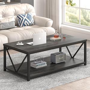 FOLUBAN Industrial Coffee Table with Storage Shelf, Modern Rustic Wooden and Metal Rectangle Center Table for Living Room, Dark Gray, 47 Inch
