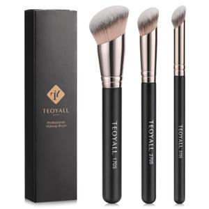 TEOYALL Foundation Contour Conceal Brush Set, 3PCS Angled Synthetic Kabuki Brush for Blending, Setting, Buffing with Liquid, Cream, and Powder Cosmetic (170S/270S/370S)