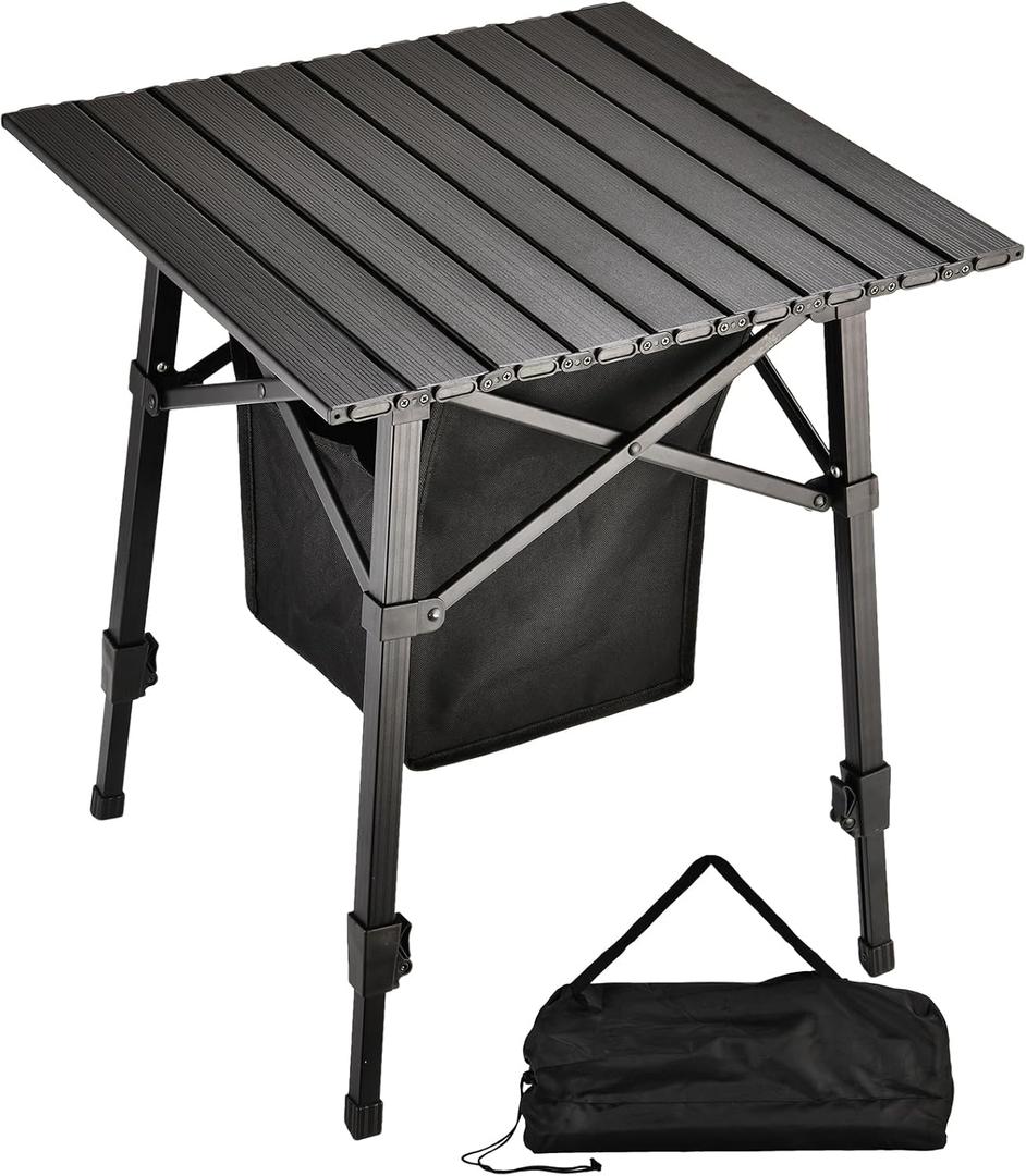 Aluminum Folding Camping Side Table with Carry Bag and Storage, Black, Medium
