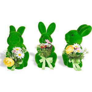 BrilliantJo Spring Decoration Figurines Decor Gift for Women Cute Moss Bunny Large Rabbit Kit Holding Flowers Set of 3(10") Green Desk Mother's Day Holiday Birthday for Home Office Garden