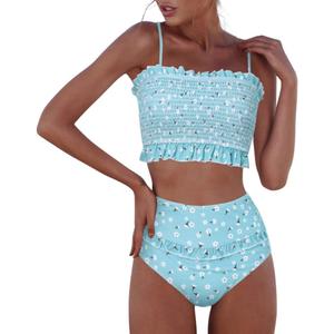 RXRXCOCO Womens Shirred Bandeau Bikini Cute Two Piece Swimsuit Off Shoulder High Waist Bathing Suit (Blue) XS RXRXCOCO Womens Shirred Bandeau Bikini Cute Two Piece Swimsuit Off Shoulder High Waist Bathing Suit (Blue) XS