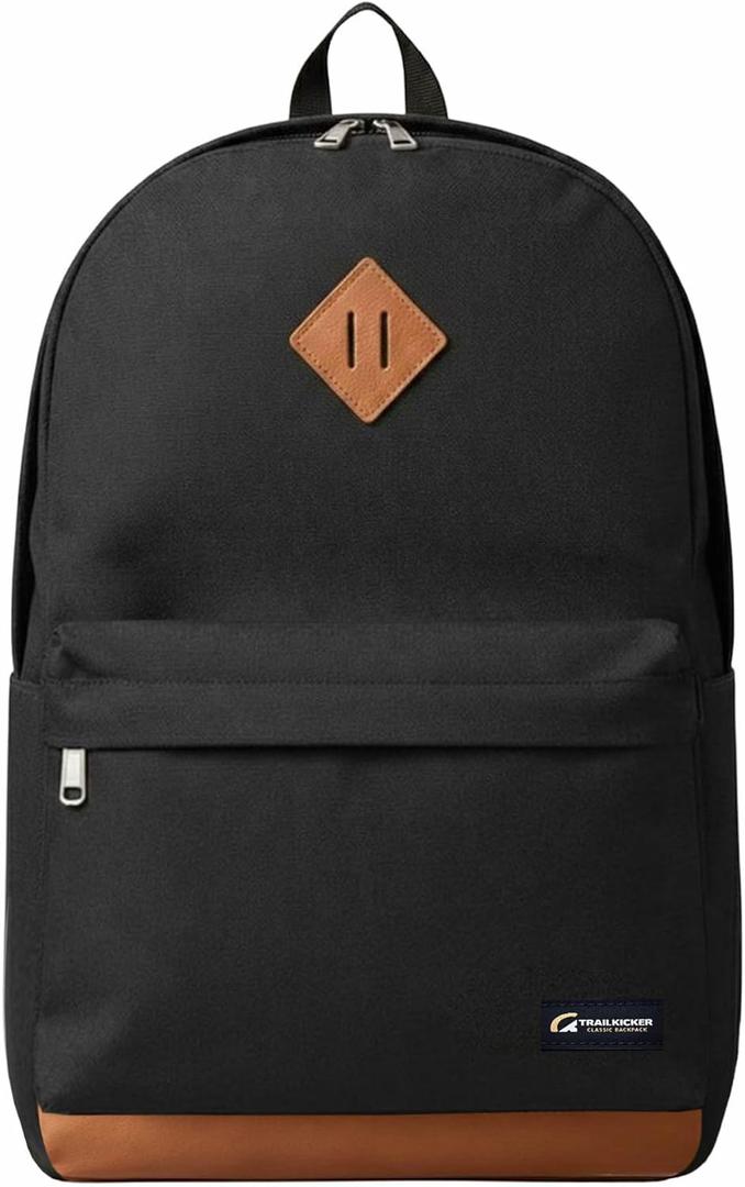 TRAILKICKER Black School Backpack, 17 Inch Laptop Backpack for College, Work & Travel, Lightweight Water-Resistant 25L Bookbag with Side Pockets