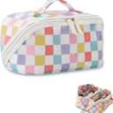 DYSHAYEN Travel Makeup Bag with Compartments Clear Coated Cosmetic Bag for Women, Waterproof Portable Open Flat Toiletry bag Rainbow Gingham