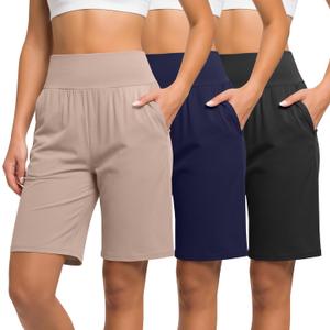 Neer 3 Pack Women's Bermuda Shorts, High Waist Basic Stretch Casual Bottoms Knee Length Summer Athletic Short with Pockets (Medium, Black, Dark Blue, Khaki)