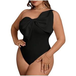 WDIRARA Women's Plus Size Bow Front One Shoulder Bodysuit Asymmetrical Sleeveless Top 3XL
