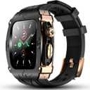 Luxury Metal Case for Apple Watch 8 7 45mm 6 44mm Band with Cover Heavy Duty Rugged Case Silicon Strap for men iWatch 6 5 4 SE 44mm Full Protective Cover (Black-Rose Gold)
