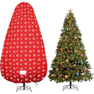 Upright Christmas Tree Storage Bag,Tree Storage Cover with Adjustable Straps,Tear Resistant Christmas Tree Storage Bag for 7.5Foot Assembled Trees-Snow Printing Red