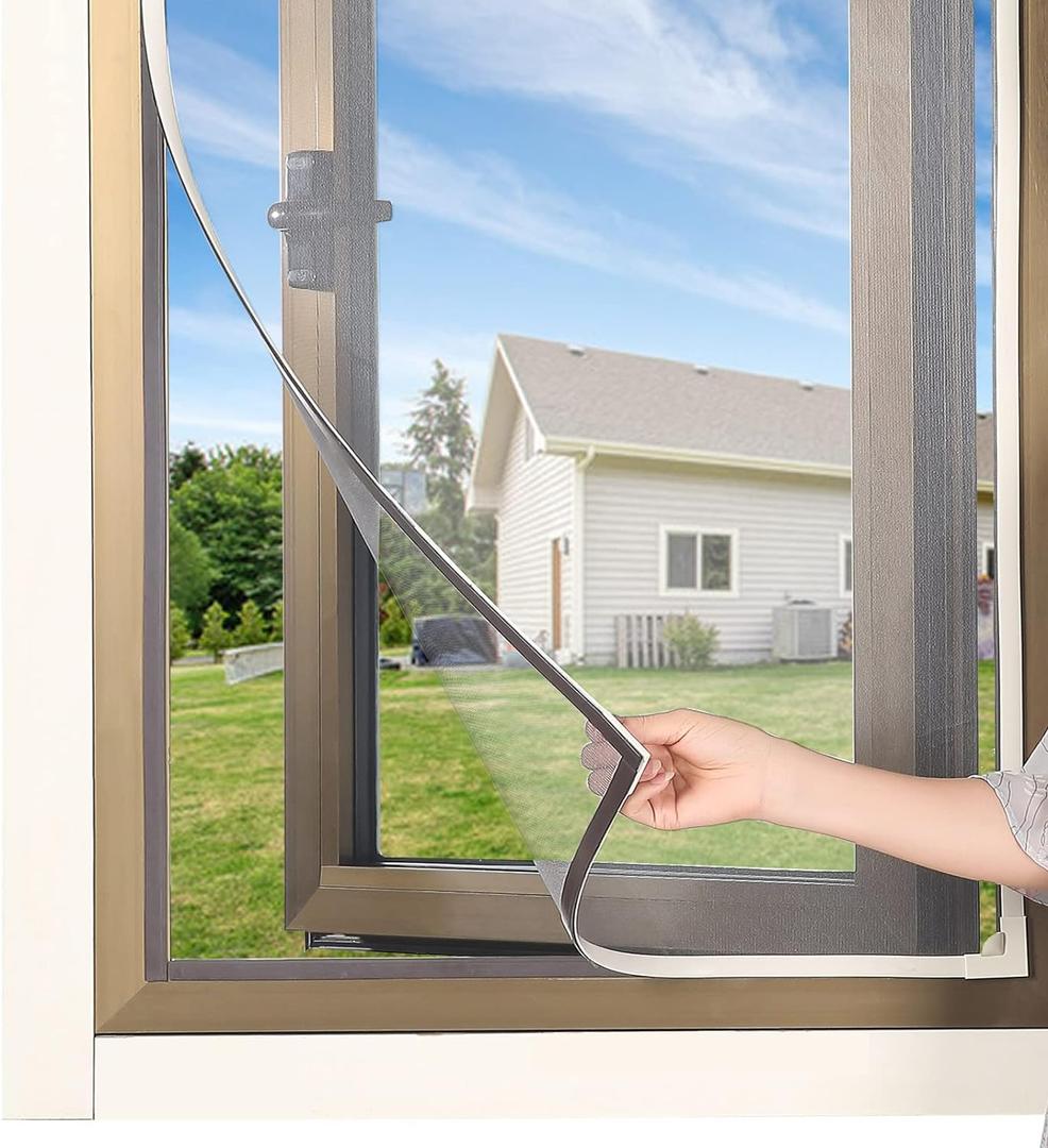 Magnetic Window Screen DIY Adjustable Window Mesh Screen Replacement Window Net Fits up to 57"x 35" White Frames with Fiberglass Mesh