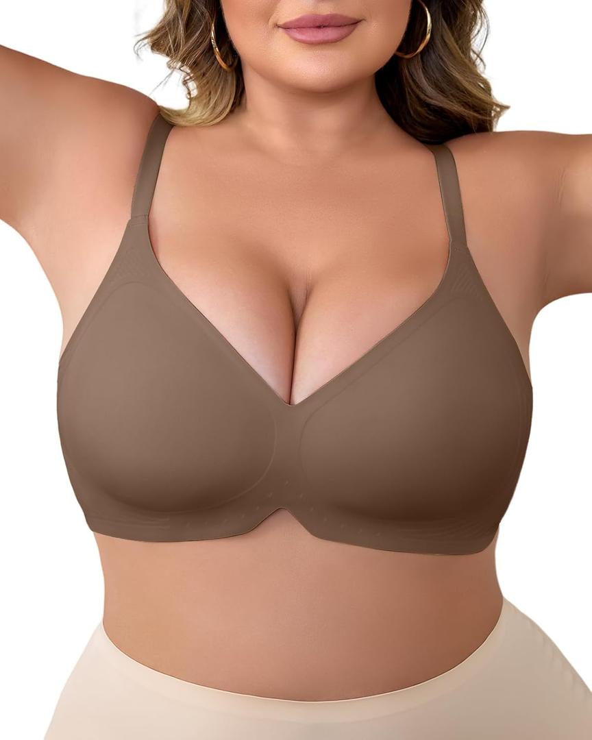 Plus Size V-Neck Wireless Bras for Women Seamless Everyday Bras U-Back Design W-Shaped Jelly Support Barlette 1XL Dark Brown (Dark Brown, XL)