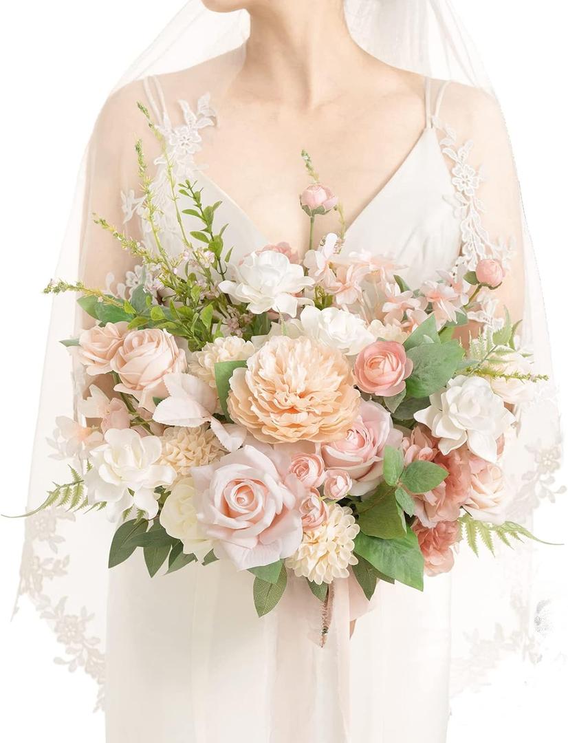 Ling's Moment Blush Pink Wedding Bouquets for Bride, Blush and Cream Bridal Bouquets for Bride, 15 Inch Free Form Artificial Wedding Flower Bouquet (Medium 15 Inch, Pk-blush)