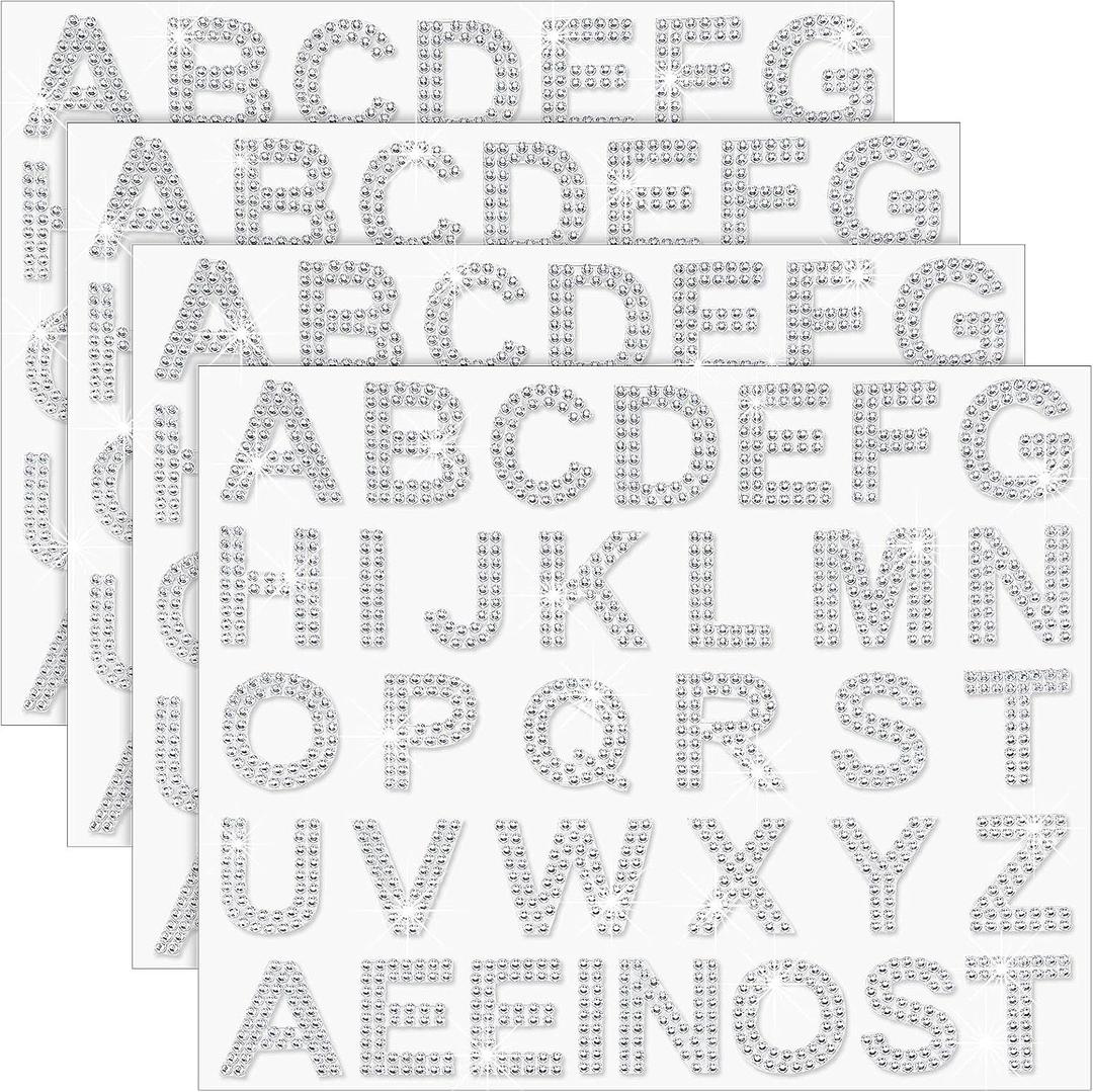 Zonon 136 Pieces Rhinestone Iron-on Letter Large Glitter Bling Alphabet Sticker Crystal Gemstone Border Self-Adhesive 34 Letters Sticker for Art Craft Clothing Fabric(Silver)