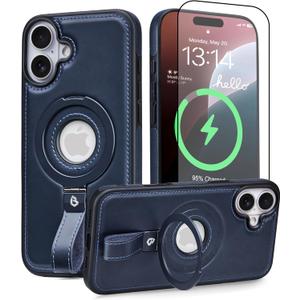 for iPhone 16 Plus Case Leather | iPhone 16 Plus Leather Case with Stand | Compatible with MagSafe with Magnetic Ring Grip Holder (Blue, IP16 Plus-6.7inch) for iPhone 16 Plus Case Leather | iPhone 16 Plus Leather Case with Stand | Compatible with MagSafe with Magnetic Ring Grip Holder (Blue, IP16 Plus-6.7inch)