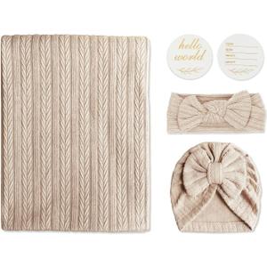 Baby Swaddle Set Newborn - Receiving Headband Blankets and Bow Hat,Newborn Essentials, Soft Nursery Swaddling BlanketsStretchy Baby Blankets for Girls and Boys Unisex (Light Brown)