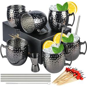 LINALL Moscow Mule Mugs- Set of 6 Gunmetal Black Plated 18oz Stainless Steel Mug Double Jigger Chilled Drink Cocktail Mug (6pcs)