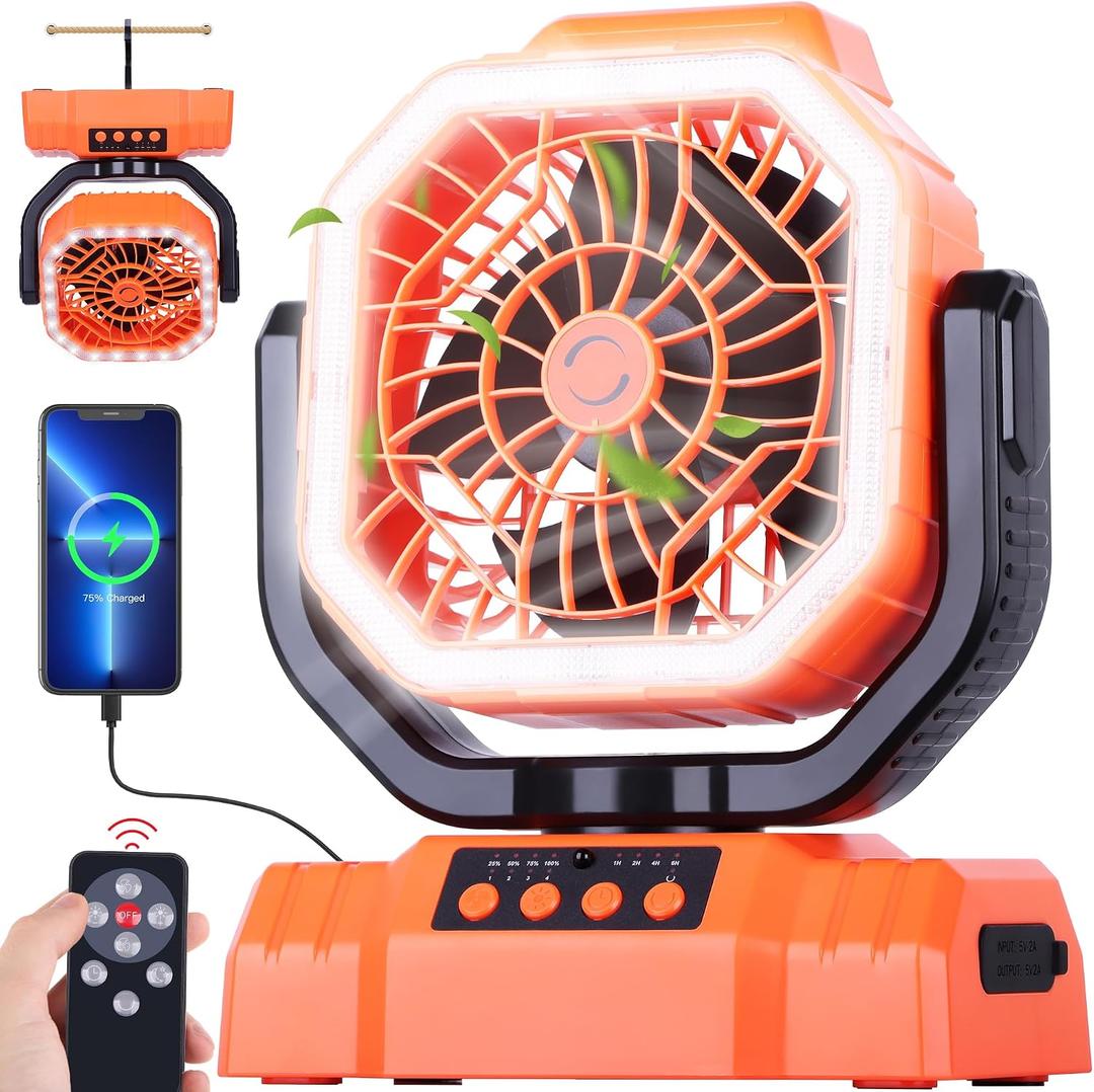 AVV 20000mAh High Speed Portable Camping Rechargeable Fan with Remote Control, Battery Powered with Auto Oscillating with Camping Essentials Accessories for Outdoor, Beach, Patio, Tent, Orange