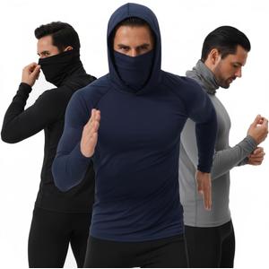 3 Pack Mens Sun Protection Fishing Hoodie with Face Mask UPF 50+ Long Sleeve Compression Work Shirt Construction Quick Dry (Large, Black+blue+grey)