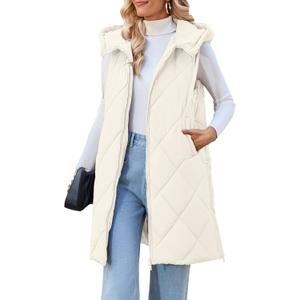 MEROKEETY Womens Sleeveless Quilted Long Puffer Vest Hooded Full Zip Jacket Coats with Pockets (Beige)