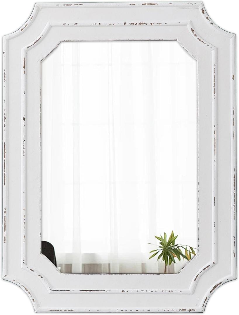 Rustic White Mirror 18 X 24 Inch, Wall Hanging Distressed Finish Wooden Frame Vintage Mirrors for Wall Decor, Farmhouse Wall Mirrors for Vanity Bedroom Entryway, Horizontal or Vertical