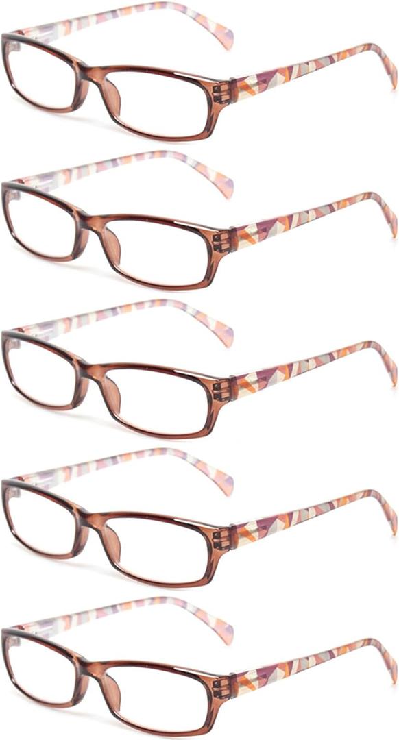 Kerecsen Reading Glasses 5 Pairs Fashion Ladies Readers Spring Hinge with Pattern Print Eyeglasses for Women (5 Brown, 0.5, x)