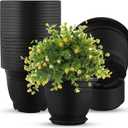 12 Pack 12' Plastic Plant Pots Round Planter Pots with Saucer Tray Seedling Pot Hole Seed Resin Plant Pot Starting Nursery Flower Container with Pallet for Garden Outdoor Indoor(Black)
