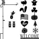 Garden Flag Stand Holder with 12 Interchangeable Seasonal Iron Decorations Yard Flag Holder Weather Proof Metal Powder Coated Flagpole with Clip Spring Stopper for Outdoor Garden Decor