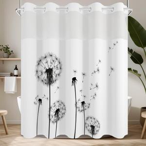 No Hook Shower Curtain with Snap in Fabric Liner Set, Waterproof & Washable, Boho Black and White Dandelion Floral Shower Curtains for Bathroom, Modern Hotel Style Rustic Bathroom Curtain, 71x74 inch