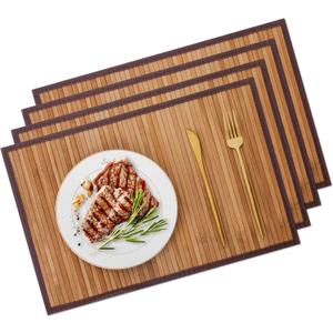 Bamboo Placemats with Fabric Border Set of 4 Natural Bamboo Rectangular Rolling Table Mats for Dining Kitchen Table Heat Resistant Table Protection Light Brown