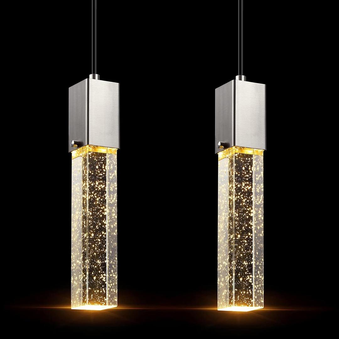 Mini Integrated Hanging Crystal Kitchen Island Modern Concise Pendant Ceiling Light Fixture,for Kitchen Island Dining Room Bedroom Hallway,UL Listed (Brushed Nickel, 2 Pack)