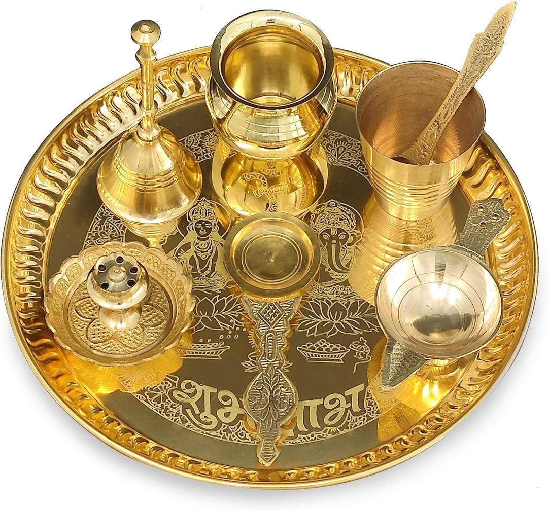 NOBILITY Puja Thali Set Brass Pooja Thali Set 8 Inch with Pital Plate Glass Kalash Spoon Ghanti Bowl Agarbatti Stand Kuber Diya Daily Pooja items for Diwali Home Mandir Office Wedding Return Gift Item