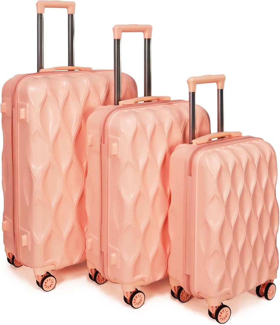 3 piece luggage set hard shell luggage lightweight luggage long vacation luggage set with 8 wheels Spinner Suitcases Suitcase Set Made of ABS+PC (Small, Medium & Large) (flesh pink)