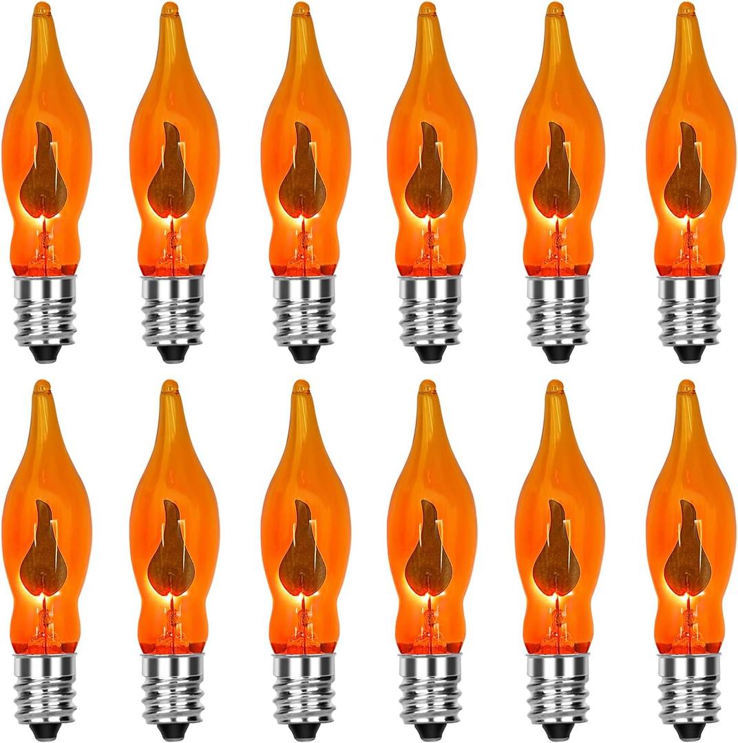 12 Pack Flicker Flame Light Bulbs, C18 Halloween Orange Flame Replacement Bulbs E12 Candelabra Base Light Bulbs for Electric Window Candles Halloween Indoor Outdoor String Lights , 1 Watt, 120 Volts