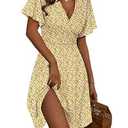 FENSACE Womens Sundress Summer Floral Short Sleeve Wrap V Neck A-Line Midi Dress(Yellow Floral-87,X-Large)