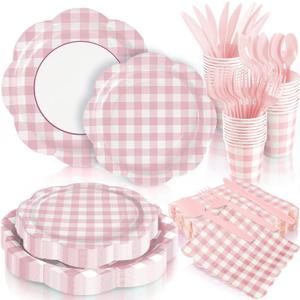 168Pcs Pink Gingham Plates and Napkins Party Supplies, Scalloped Checkered Disposable Mother's Day Paper Plates Set with Napkins Cups Plastic Cutlery for Birthday Wedding Baby Shower Party Supplies